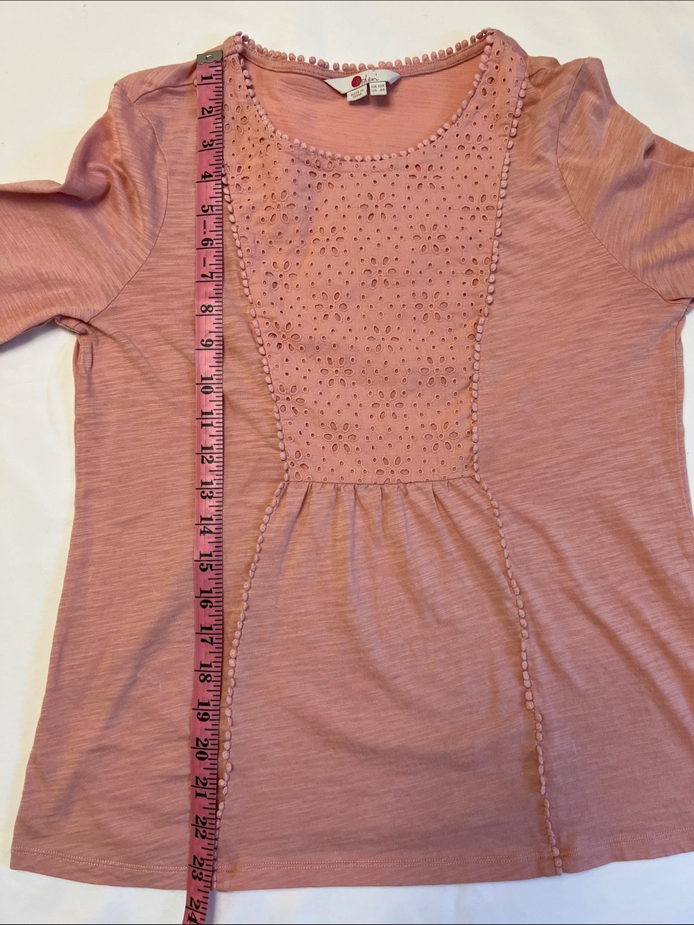 Boden Cleo Broderie Slub Jersey Top Pink Eyelet Cotton Lace Long Sleeve US 6R - Picture 13 of 14